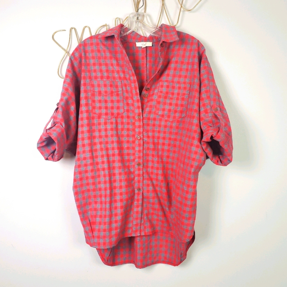 Earl Flanel Oversized Button Down Red Gray Top